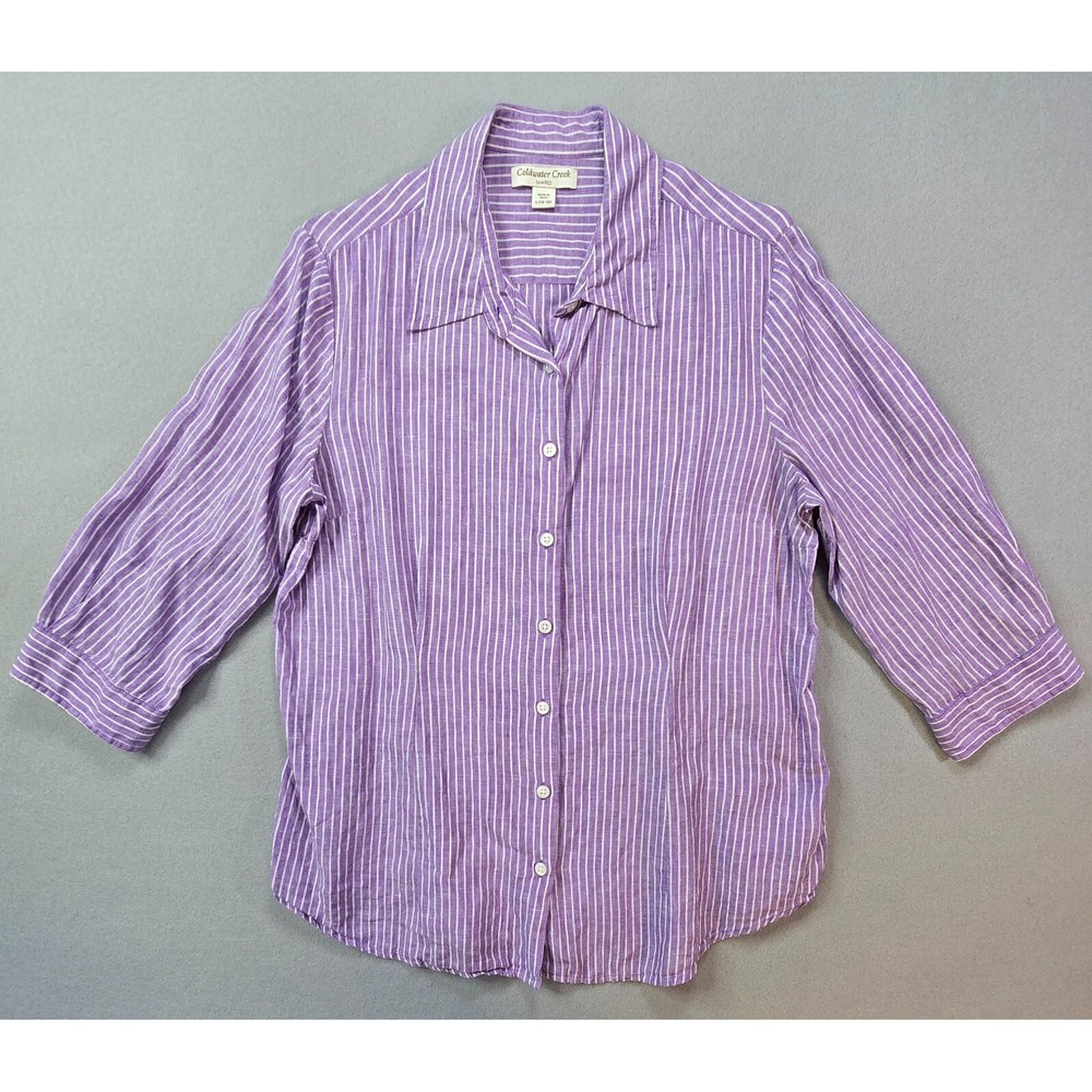 Coldwater Creek Womens Linen Shirt Large Purple Striped 3/4 Sleeve Blouse Summer
